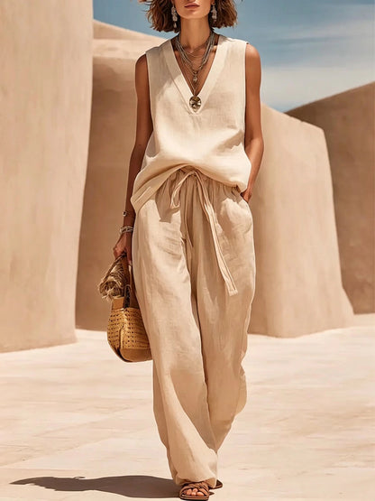 Cotton and linen sleeveless V-neck suit - BundleWear