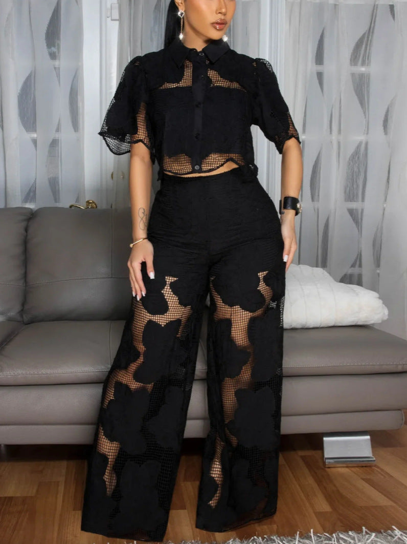 BundleWear Women's 2-Piece Lapel Short Sleeve Hollow-Out Lace Patchwork Casual Suit & Wide Leg Trousers Set