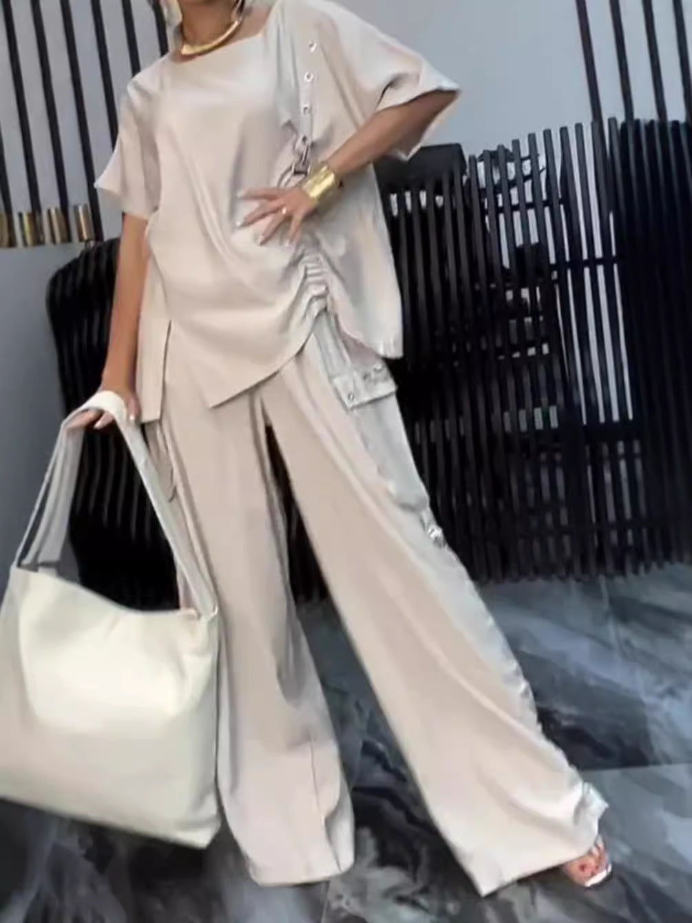 BundleWear™ Ring-Detail Ruched Set | Structural Tee & Wide-Leg Pants Ensemble