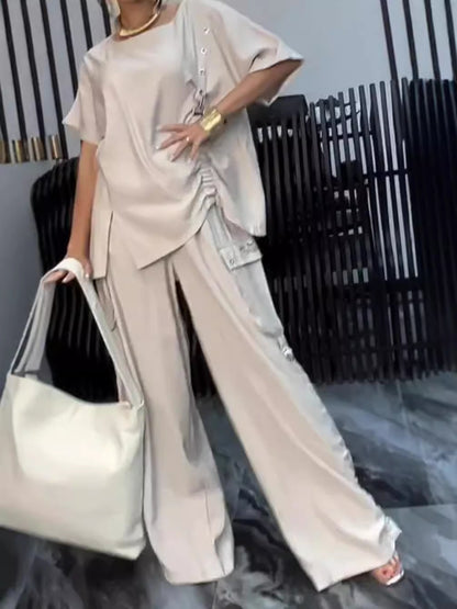 BundleWear™ Ring-Detail Ruched Set | Structural Tee & Wide-Leg Pants Ensemble