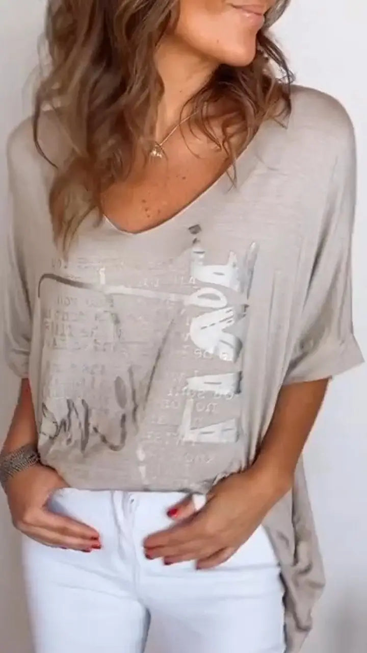 BundleWear Elegant Summer Floral V-Neck Top - Breathable Cotton-Blend Mid-Sleeve Casual Tee (S-5XL)