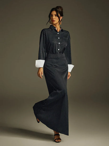 Ladies' Folded Collar Stripe Skirt Set - MATCHING MASTER