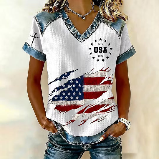 Women's 250th America Anniversary Casual Printed Waffle Knit Short-Sleeved T-Shirt - BundleWear