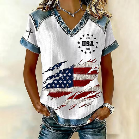 Women's 250th America Anniversary Casual Printed Waffle Knit Short-Sleeved T-Shirt - BundleWear