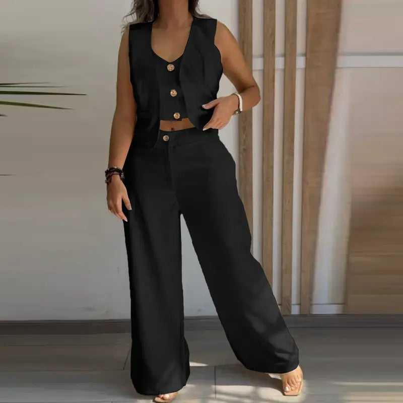 Women's 3 Pieces Outfits Metal Button Decor V Neck Sleeveless Tank Top and Casual Plain Loose Fit Pants Set