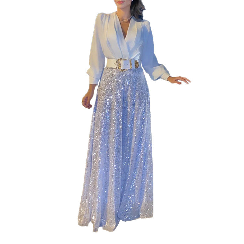 Sequined Long-Sleeve One-Piece trousers Set