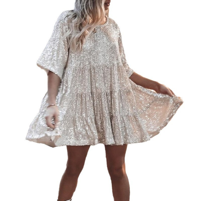 Summer High-end Women's Sequin Round Neck Loose French Dress Fairy Skirt