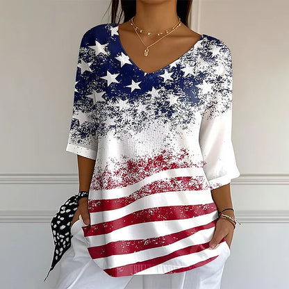 Women's Independence Day Flag Faith Fabric Casual V-neck T-shirt - BundleWear