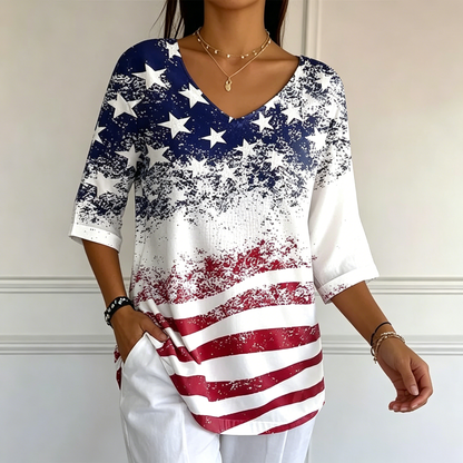 Women's Independence Day Flag Faith Fabric Casual V-neck T-shirt - BundleWear