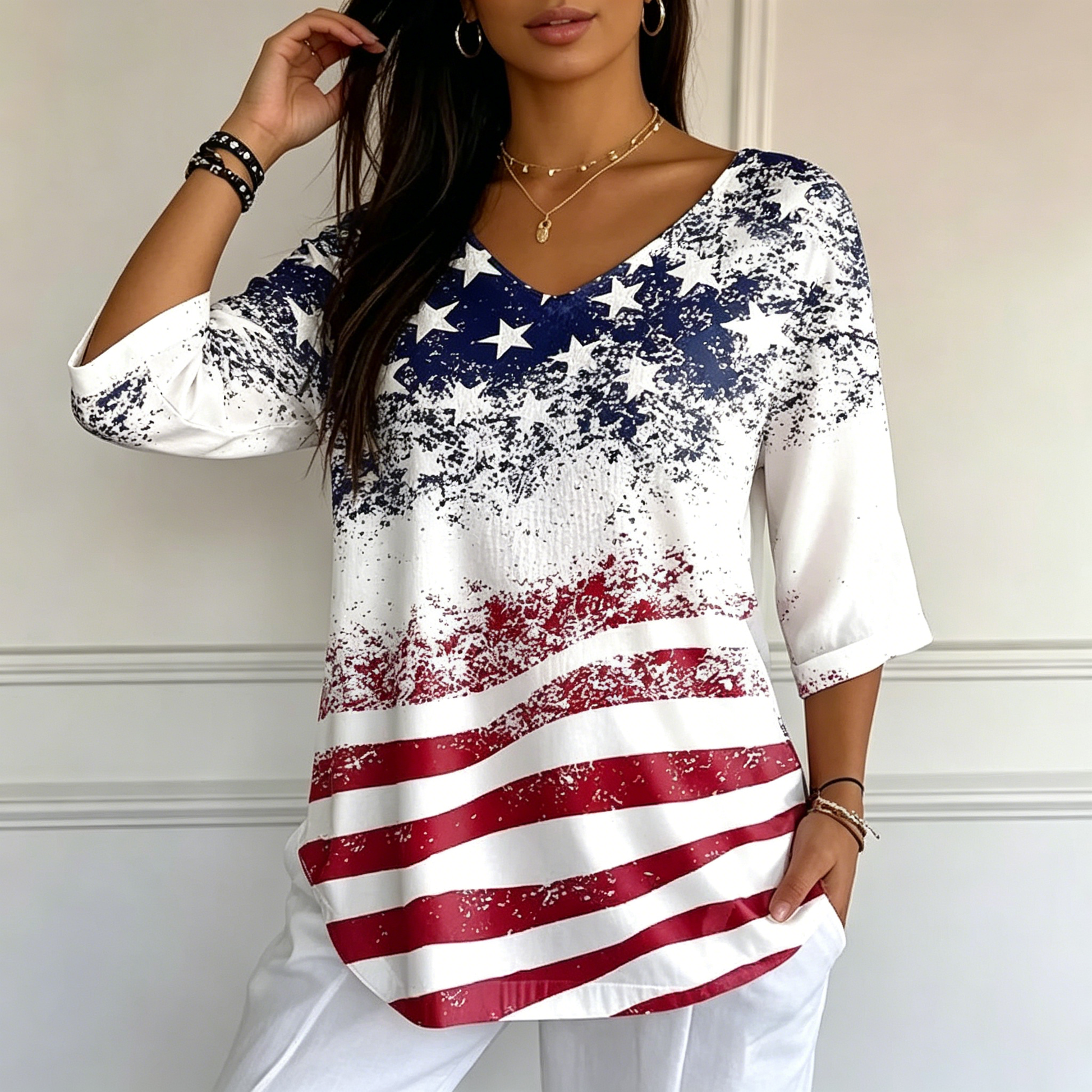 Women's Independence Day Flag Faith Fabric Casual V-neck T-shirt - BundleWear
