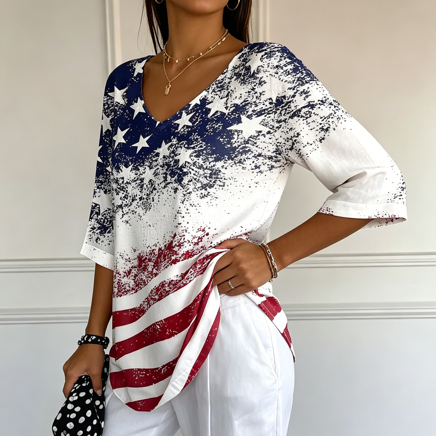 Women's Independence Day Flag Faith Fabric Casual V-neck T-shirt - BundleWear