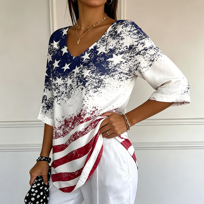 Women's Independence Day Flag Faith Fabric Casual V-neck T-shirt - BundleWear