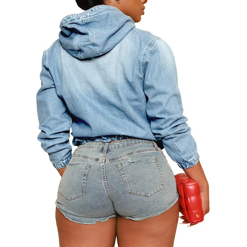 Women's Half Zip Denim Hoodie Pullover Jacket Jean Tops - MATCHING MASTER