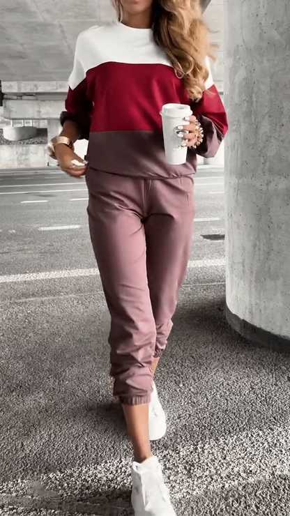 Women Round Neck Contrasting Top + Pants Casual Suit