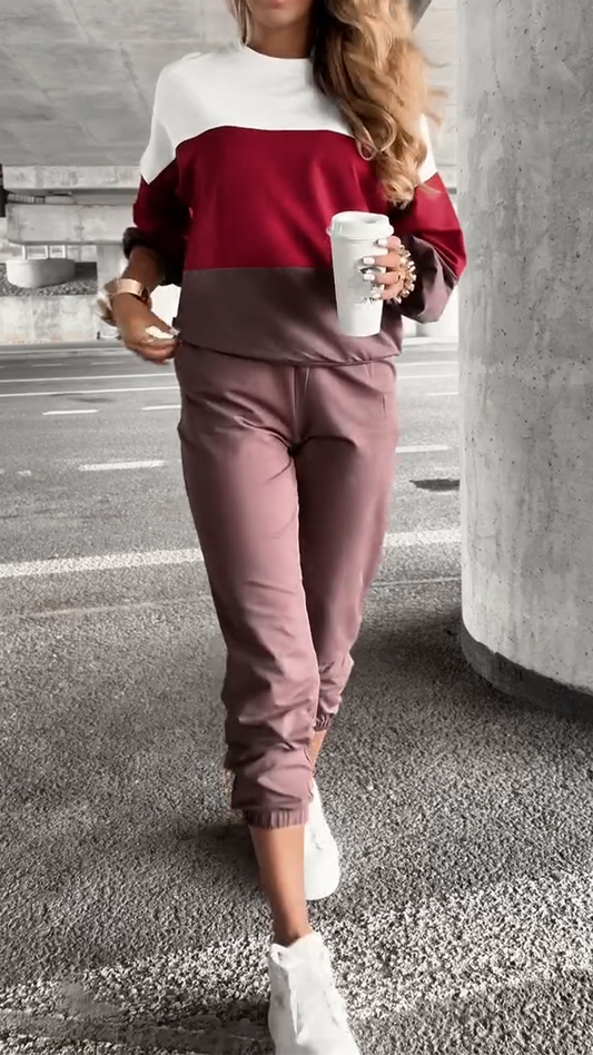 Women Round Neck Contrasting Top + Pants Casual Suit