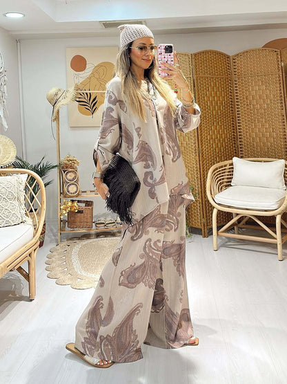 Elegant Paisley Print Two-Piece Set - Oversized Button-Down Shirt & Wide-Leg Drawstring Trousers
