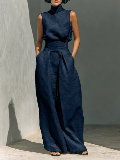 Cotton and linen sleeveless trouser casual suit