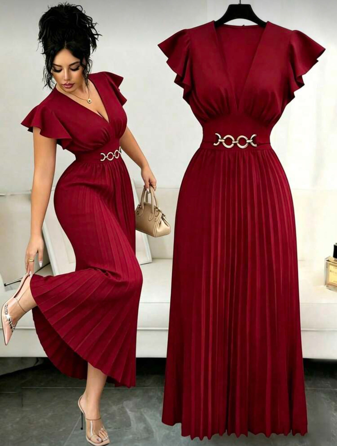 BundleWear™ Gilded Chain Pleated Maxi | Ruffled-Sleeve V-Neck Resort Dress