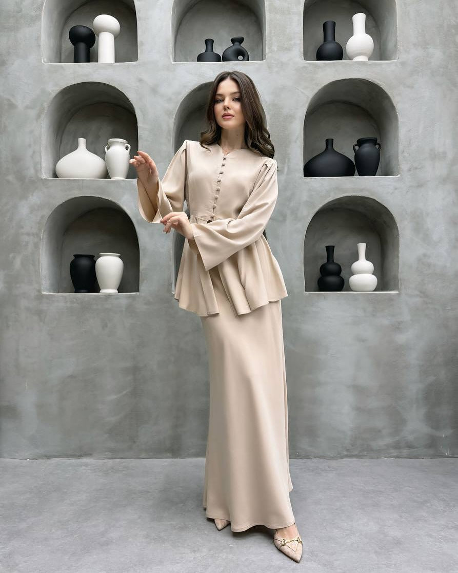 Champagne peplum cardigan and maxi dress two-piece set, full-length front view