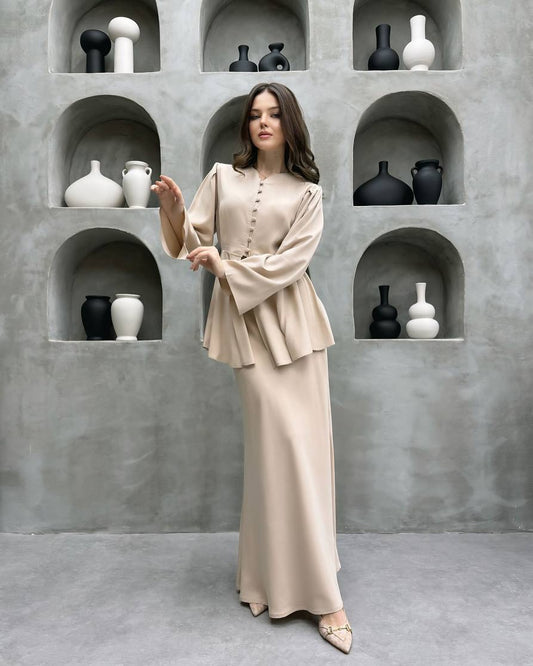 Champagne peplum cardigan and maxi dress two-piece set, full-length front view