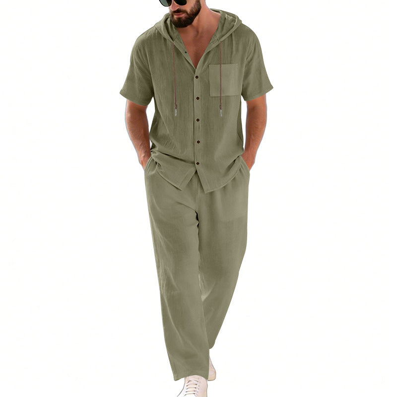BundleWear™ Breeze-Hood Linen Set | Drawstring Hooded Shirt & Elastic-Waist Trousers
