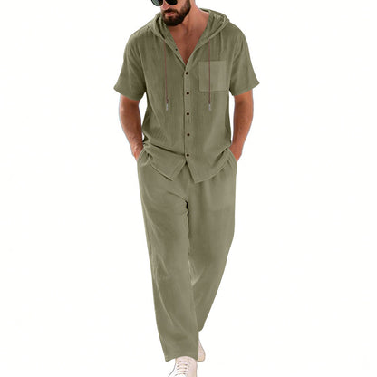 BundleWear™ Breeze-Hood Linen Set | Drawstring Hooded Shirt & Elastic-Waist Trousers