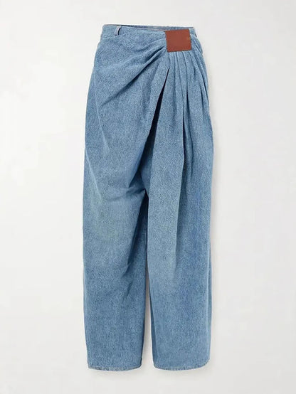 BundleWear™ Fluid Wrap Jeans | Asymmetric High-Waist Drapey Wide-Leg Denim