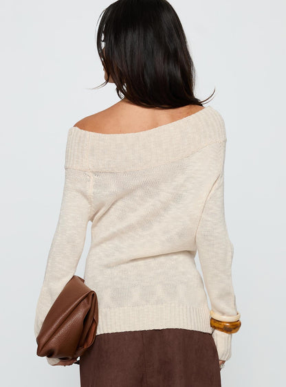 Off Shoulder Knit Sweater Beige+Faux Suede Midi Skirt Brown