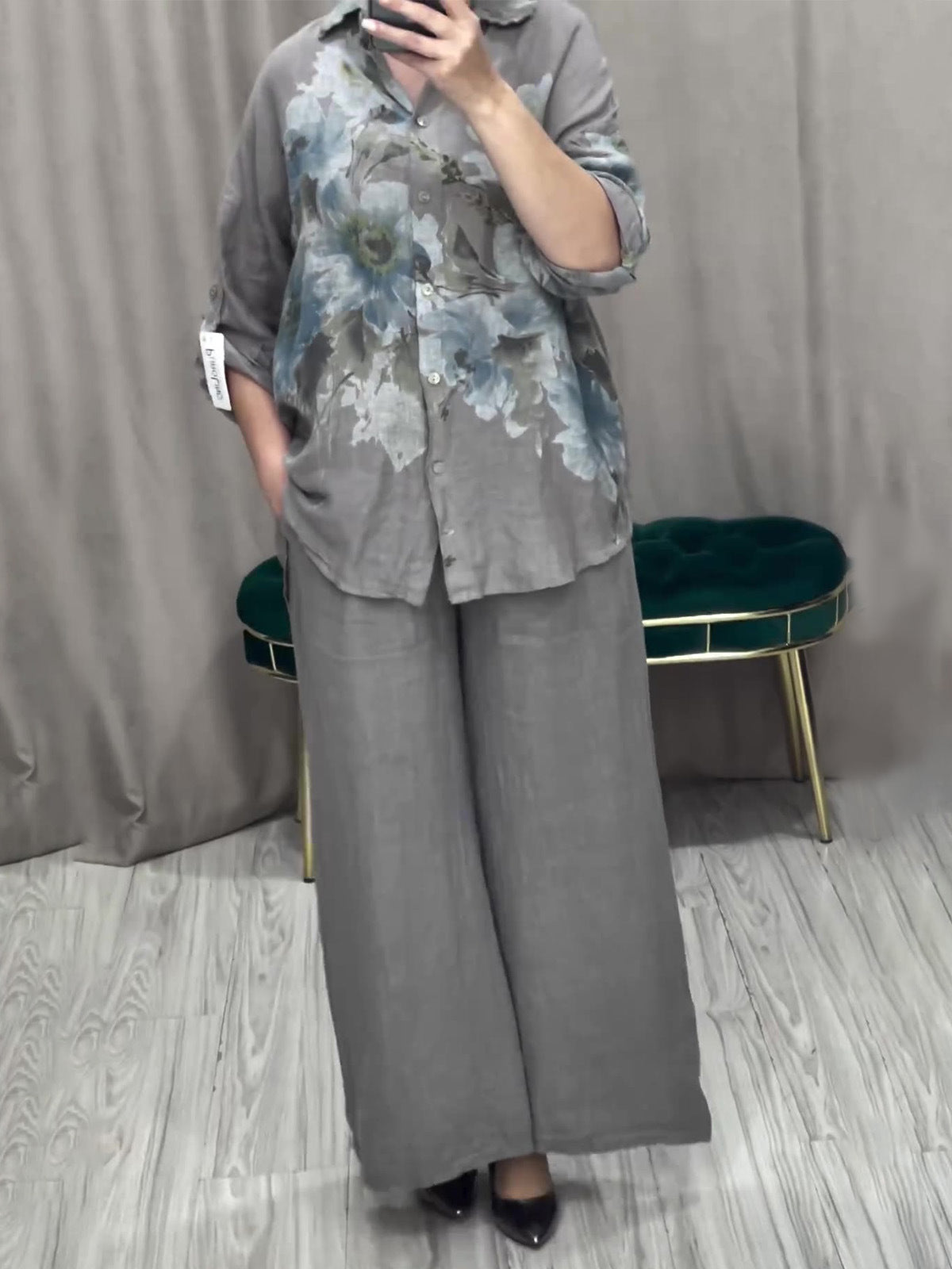 Chic French-Style Floral Linen-Look 2-Piece Set - Loose Roll-Up Sleeve Shirt & Wide-Leg Pants