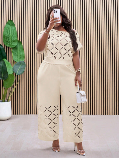 BundleWear™ Diamond-Cutout Set | Embroidered Scoop-Neck Top & Wide-Leg Pants