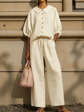 BundleWear™ Breezy Linen Co-ord | Relaxed Short-Sleeve Shirt & Palazzo Trousers Set