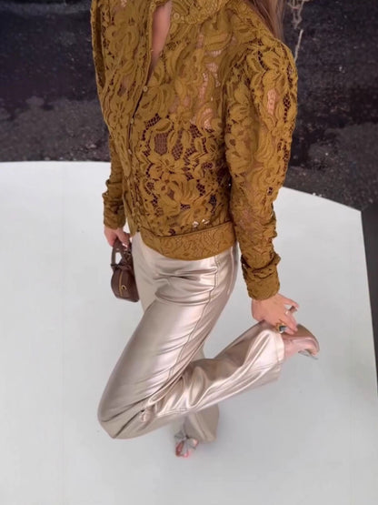 Lace round neck hollowed-out long-sleeved top