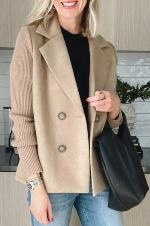 Ladies' Lapel Button Knitted Patchwork Sleeve Casual Coat