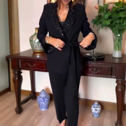 Ladies' Elegant Sequin Lapel Blazer & Pants Set
