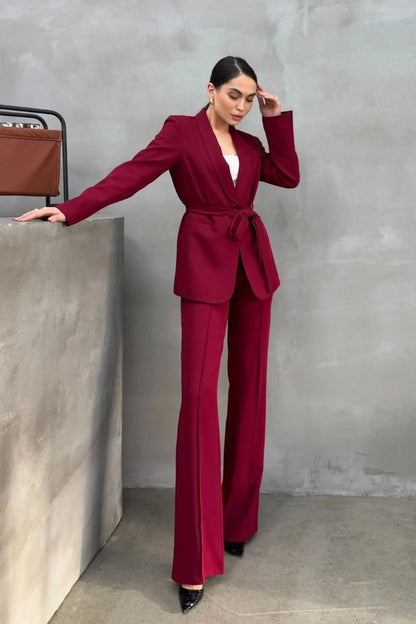 Ladies' Double Belted Blazer Jacket and Trouser Set