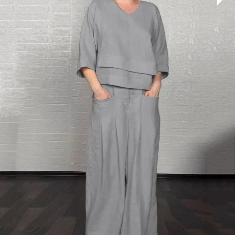 💎 2-Piece Cotton-Linen Set With An Uneven Hem – V-Neck Top + Wide-Leg Pants, Breathable & Effortlessly Stylish
