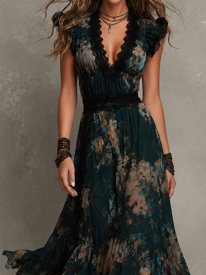 BundleWear™ Midnight Garden Gown | Lace-Trimmed V-Neck Chiffon Maxi Dress