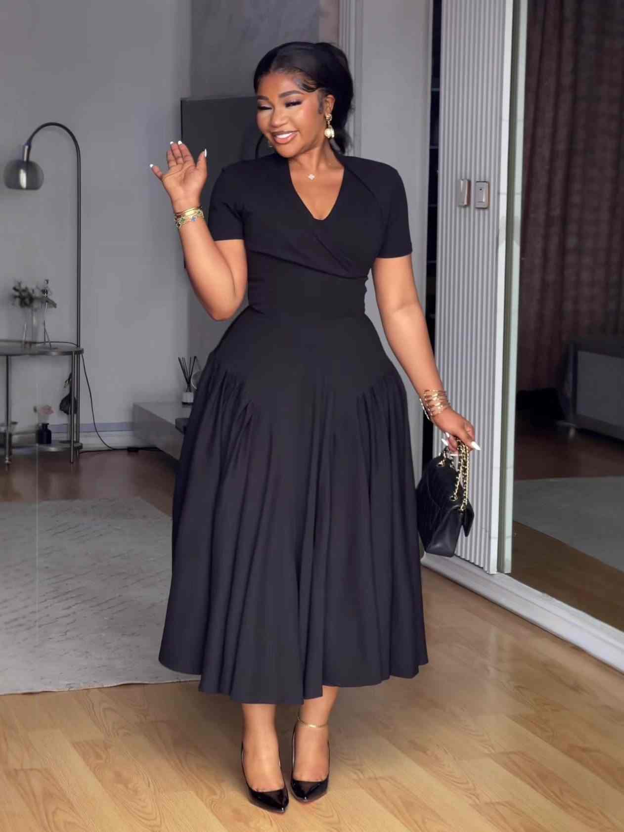 Ladies' V-neck Solid Color Elegant Casual Dress - MATCHING MASTER