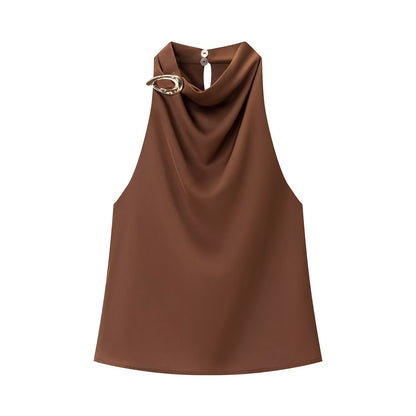 BundleWear™ Gilded Halter Top | Asymmetric Buckle & Draped Mock-Neck Tank