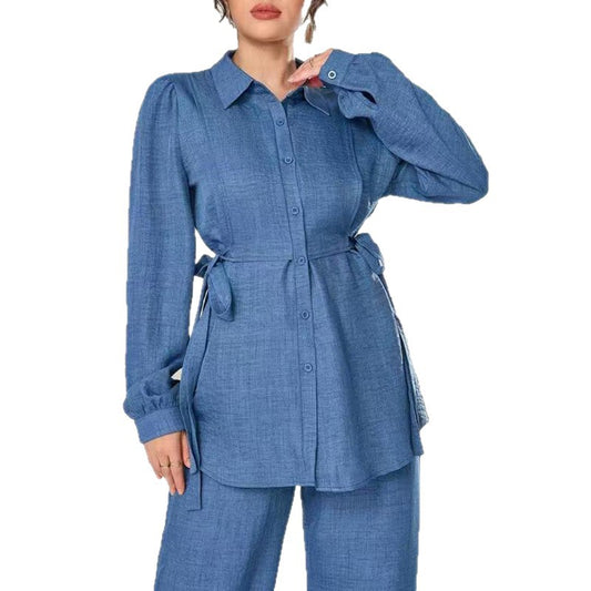 Puff-sleeved, fitted waist tie top + high-waisted wide-leg pants - MATCHING MASTER