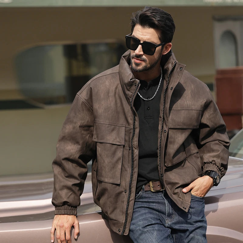 Men's Retro Stand Collar Leather Jacket