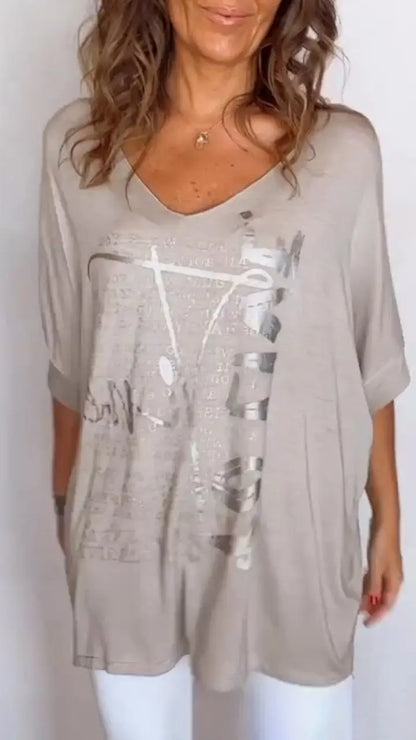 BundleWear Elegant Summer Floral V-Neck Top - Breathable Cotton-Blend Mid-Sleeve Casual Tee (S-5XL)