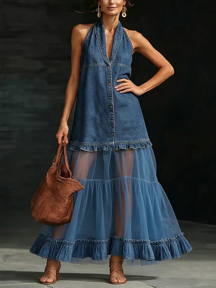 BundleWear™ Denim-Halter Tulle Maxi | Patchwork Bodice & Tiered Ruffle Dress