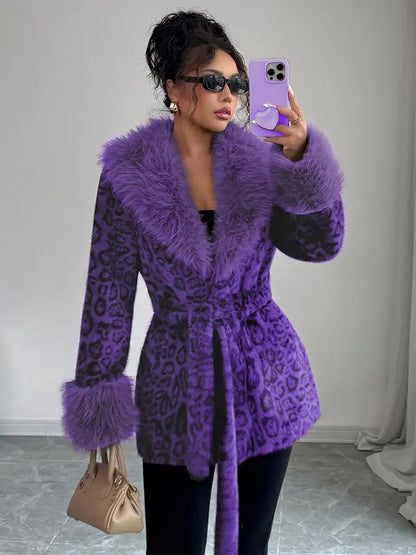 Ladies' winter lace up leopard print faux fur coat