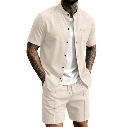 BundleWear™ Honeycomb Resort Set | Stand-Collar Waffle Shirt & Drawstring Shorts