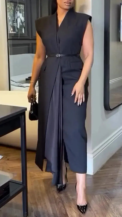 Women V-neck Solid Color Casual Dress with Temperament