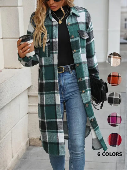 Ladies' Colorblock Plaid Print Button Front Drop Shoulder Coat