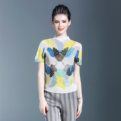 BundleWear™ Art-Print Pleated Tee | Micro-Pleated Mock Neck & Oil-Painting Floral Top