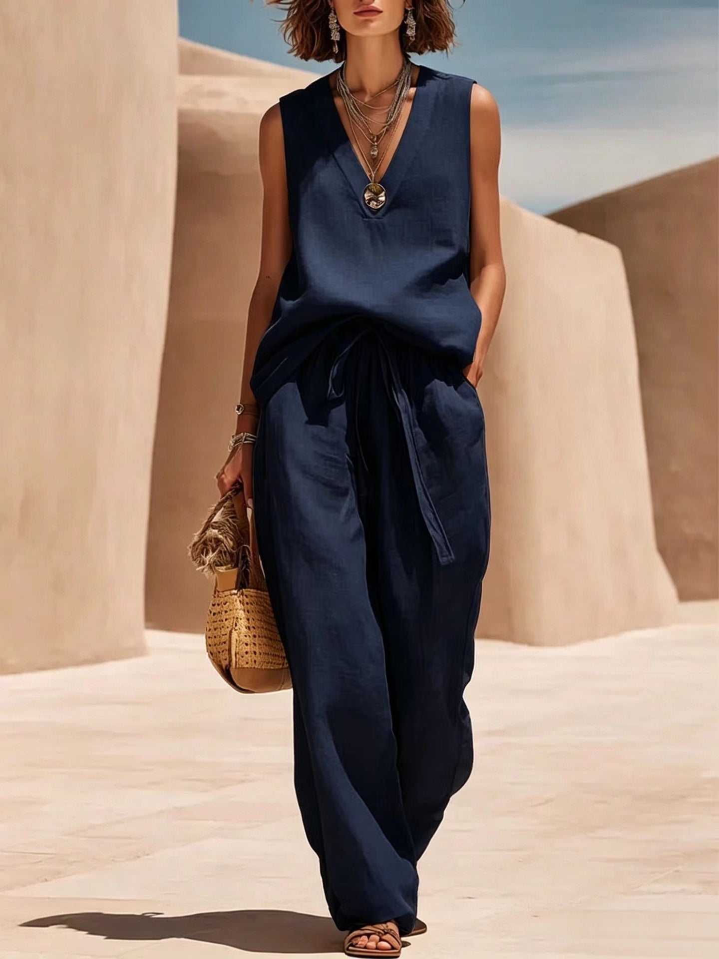 Cotton and linen sleeveless V-neck suit - BundleWear