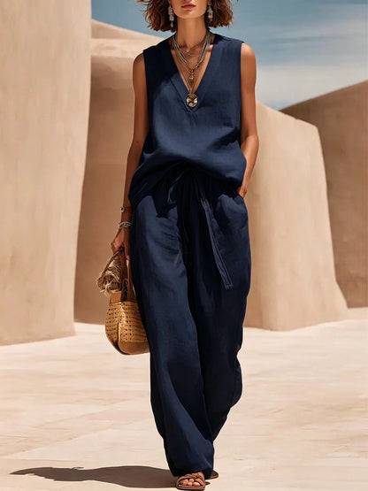 Cotton and linen sleeveless V-neck suit - BundleWear